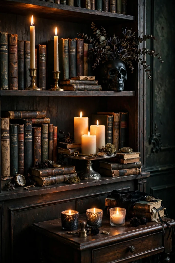 LED candles at three heights on a dark bookshelf and side table
