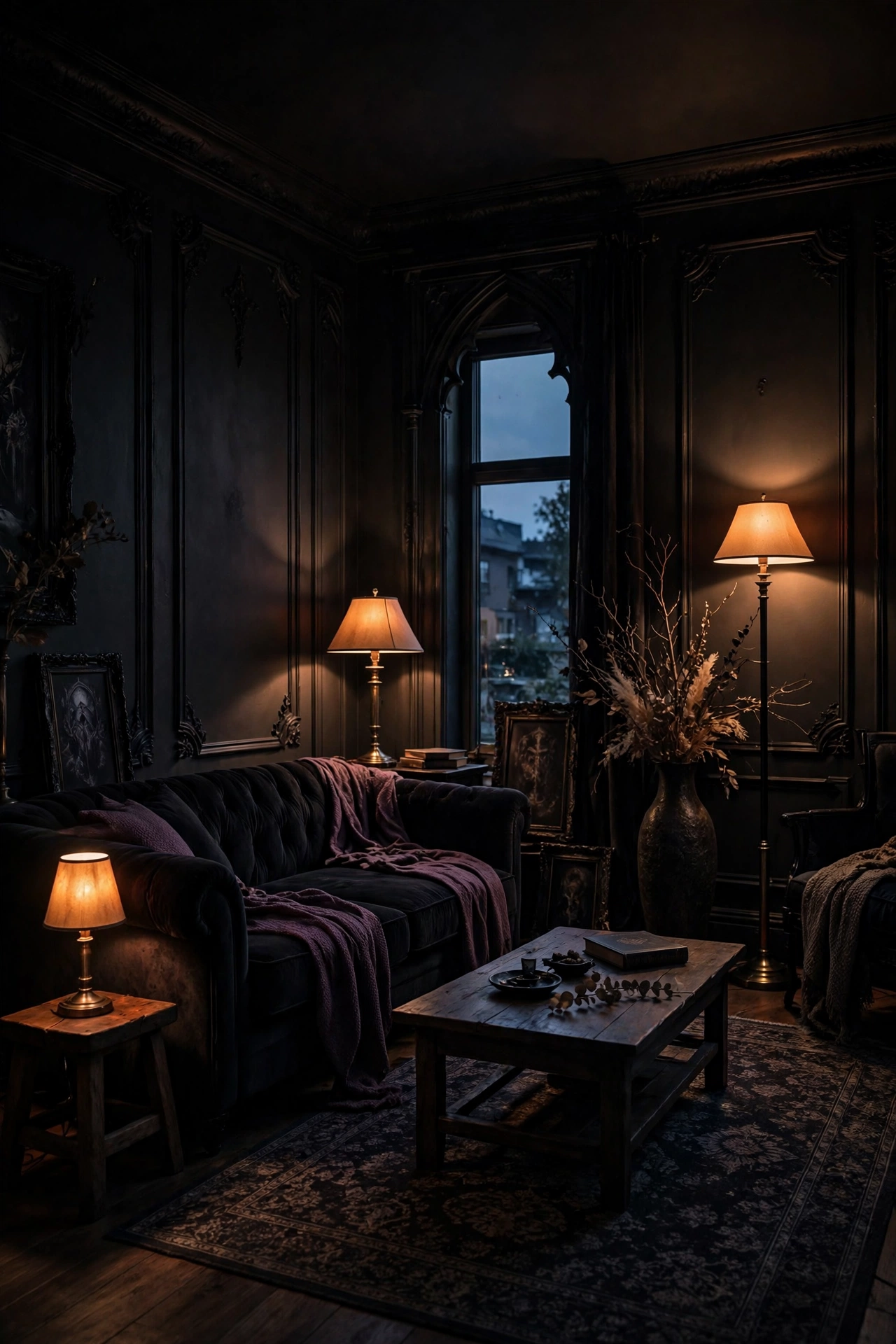 living room lit only by low lamps for a witch party atmosphere