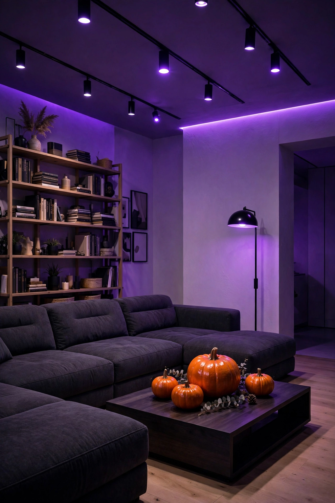 Living room lit with purple LED bulbs and orange pumpkins on the coffee table