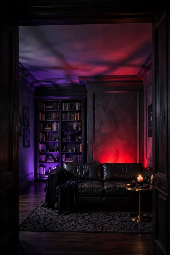 Red and violet uplighting glowing behind a sofa and bookcase in a dark living room
