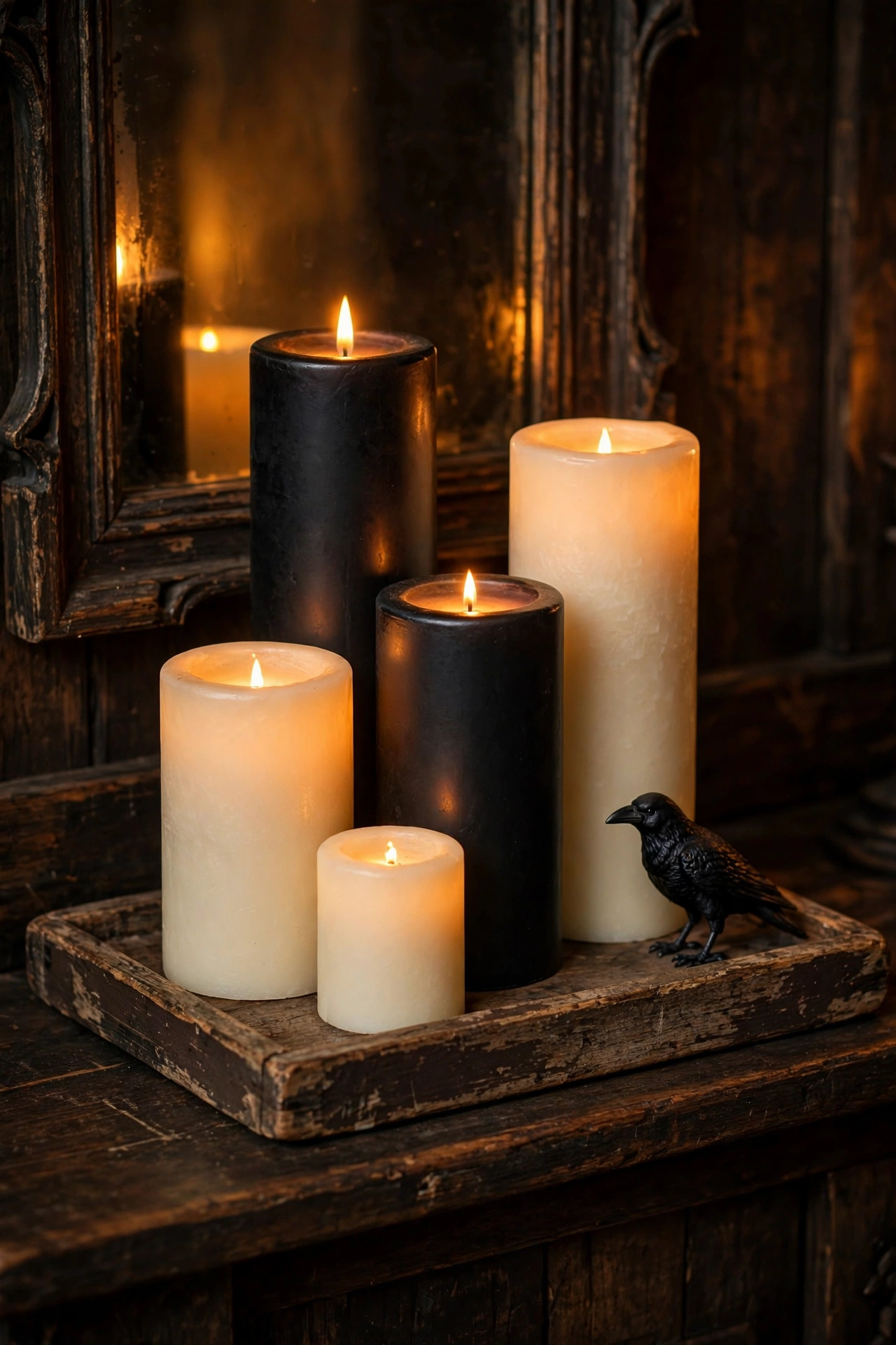 Cluster of five flameless pillar candles at different heights on a wooden tray