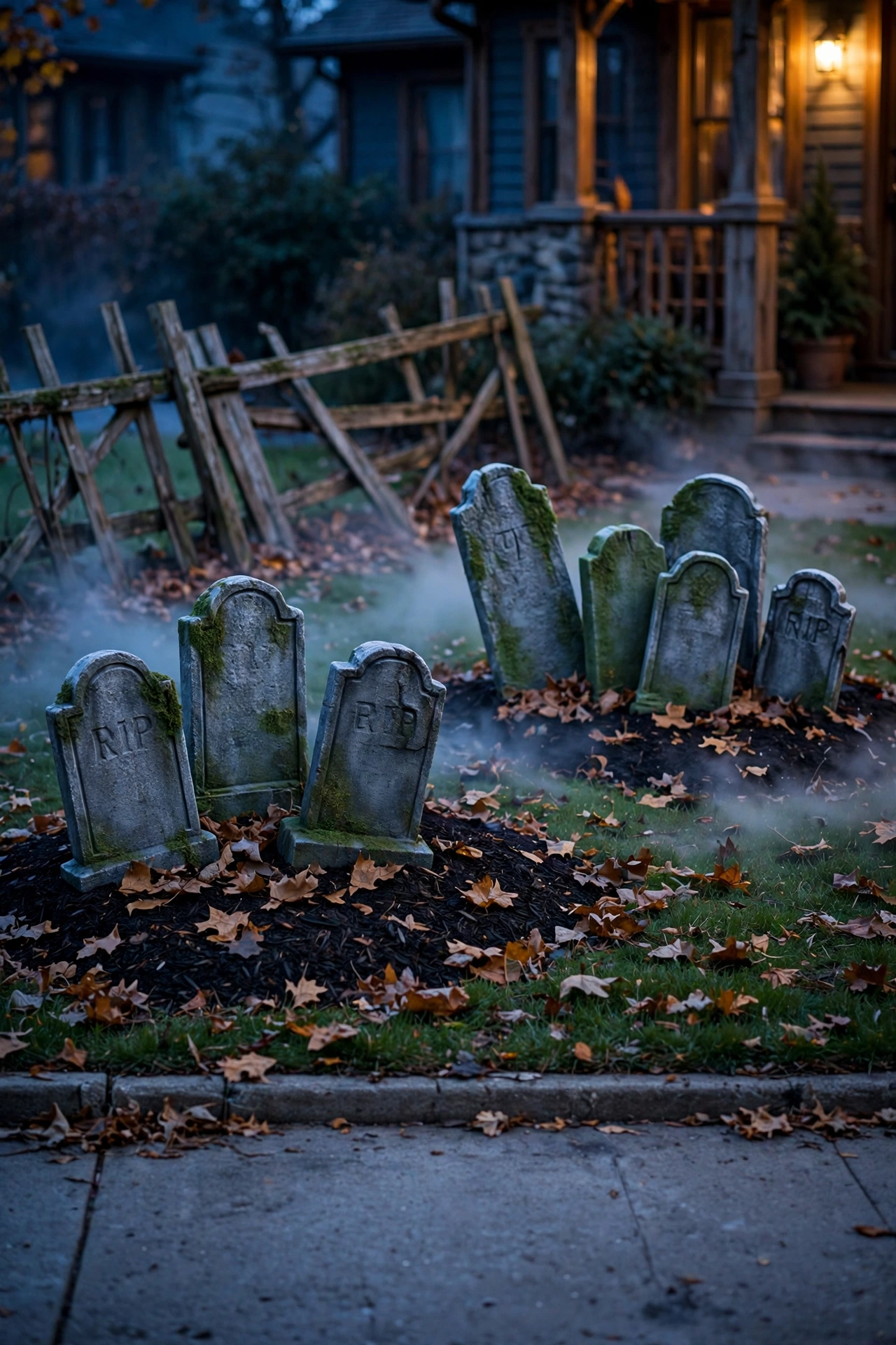 Foam tombstones arranged in groups of three and five at varied heights on a front lawn