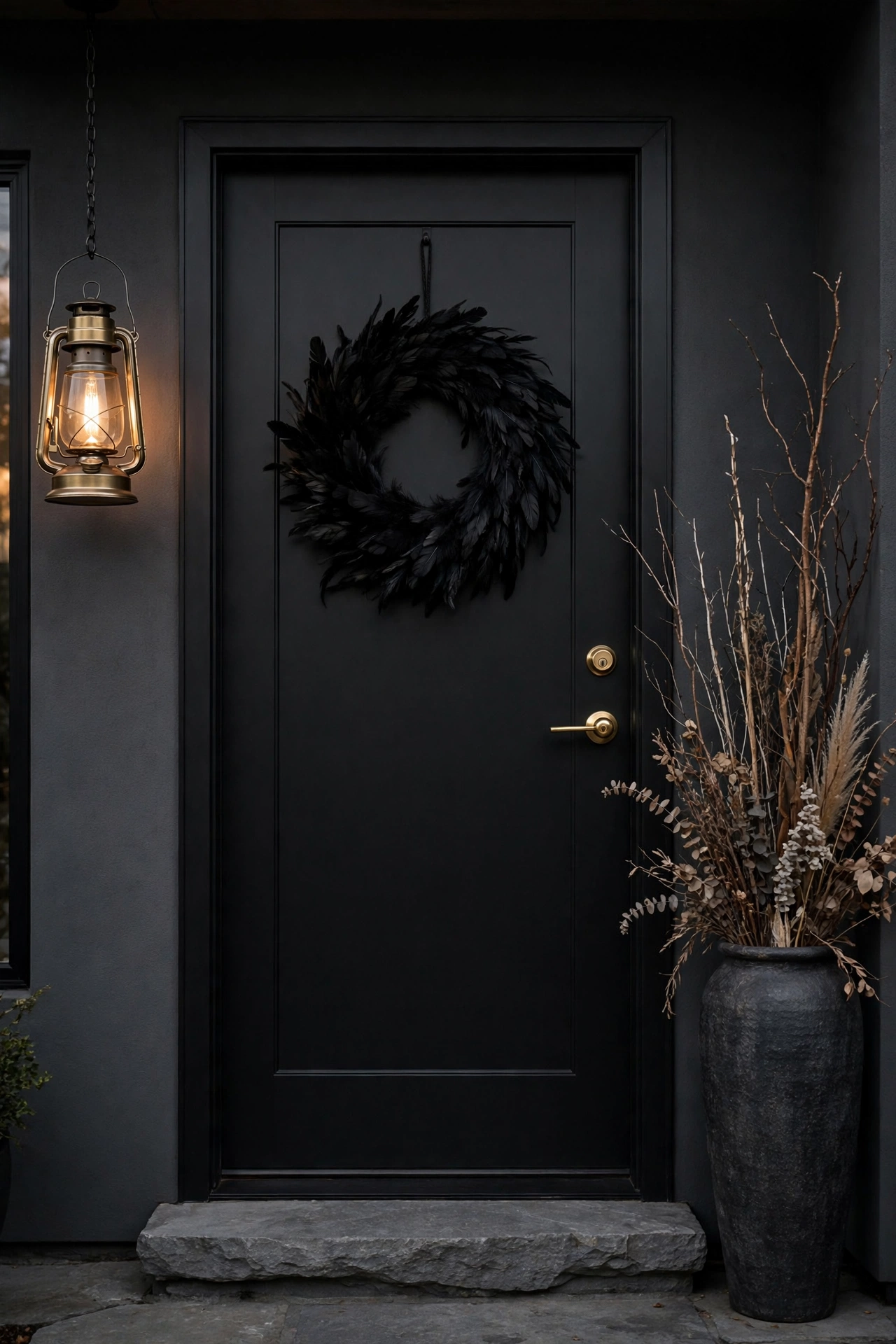Front door styled with wreath, lantern, and tall planter for Halloween