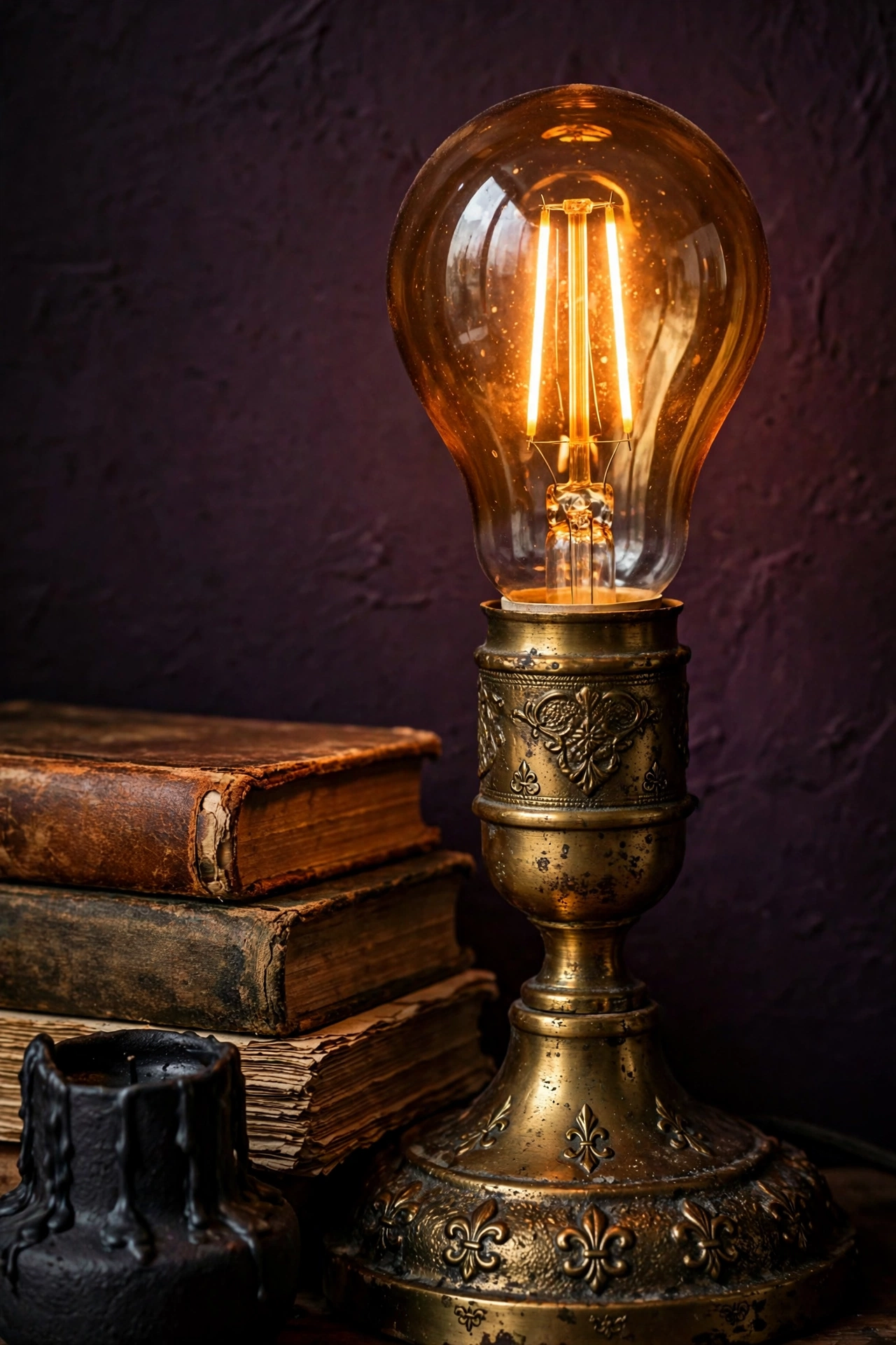 warm 2200K filament LED bulb in a brass lamp for witch party lighting
