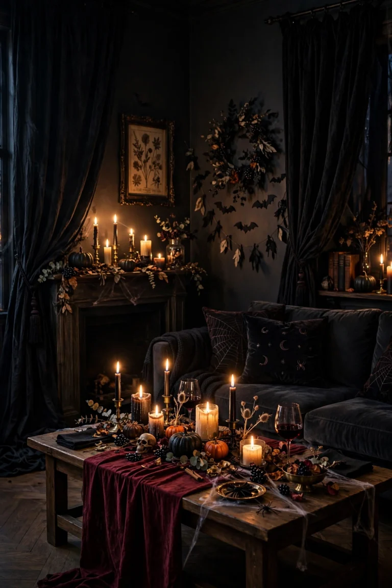 Dimly lit living room styled for a Halloween party with candles, black drapery, and a burgundy table runner