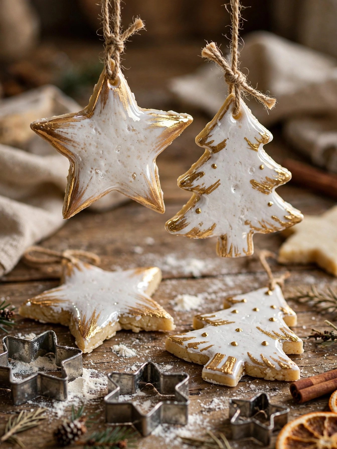 Handmade salt dough Christmas ornaments painted white and gold