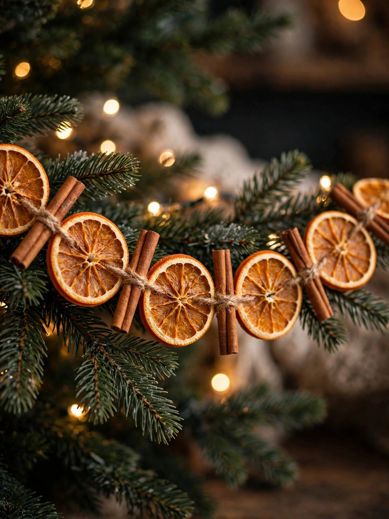 Dried orange slice garland with cinnamon sticks on a Christmas tree