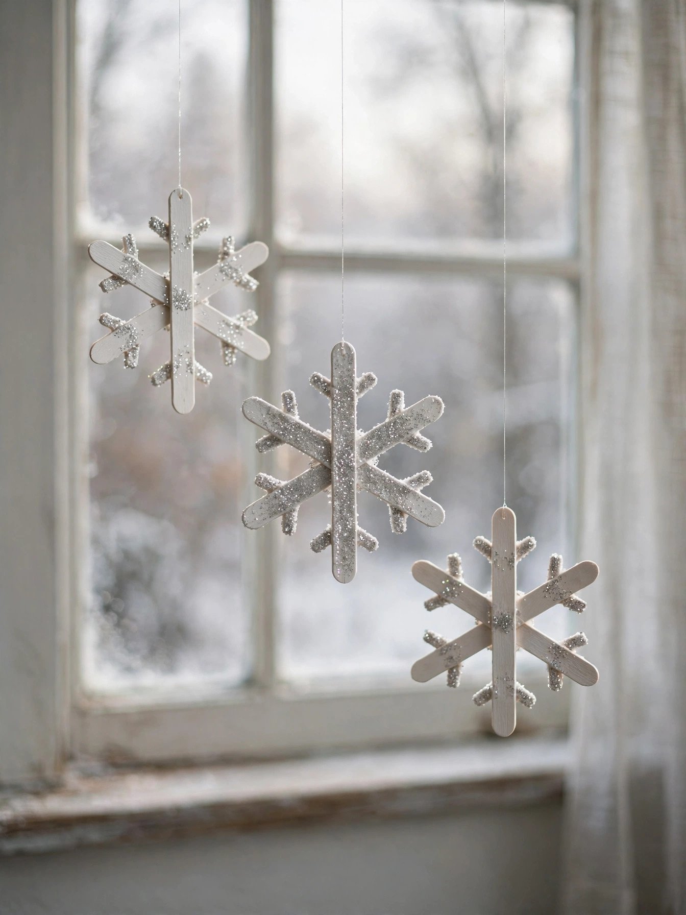 White popsicle stick snowflakes with silver glitter hanging in a window