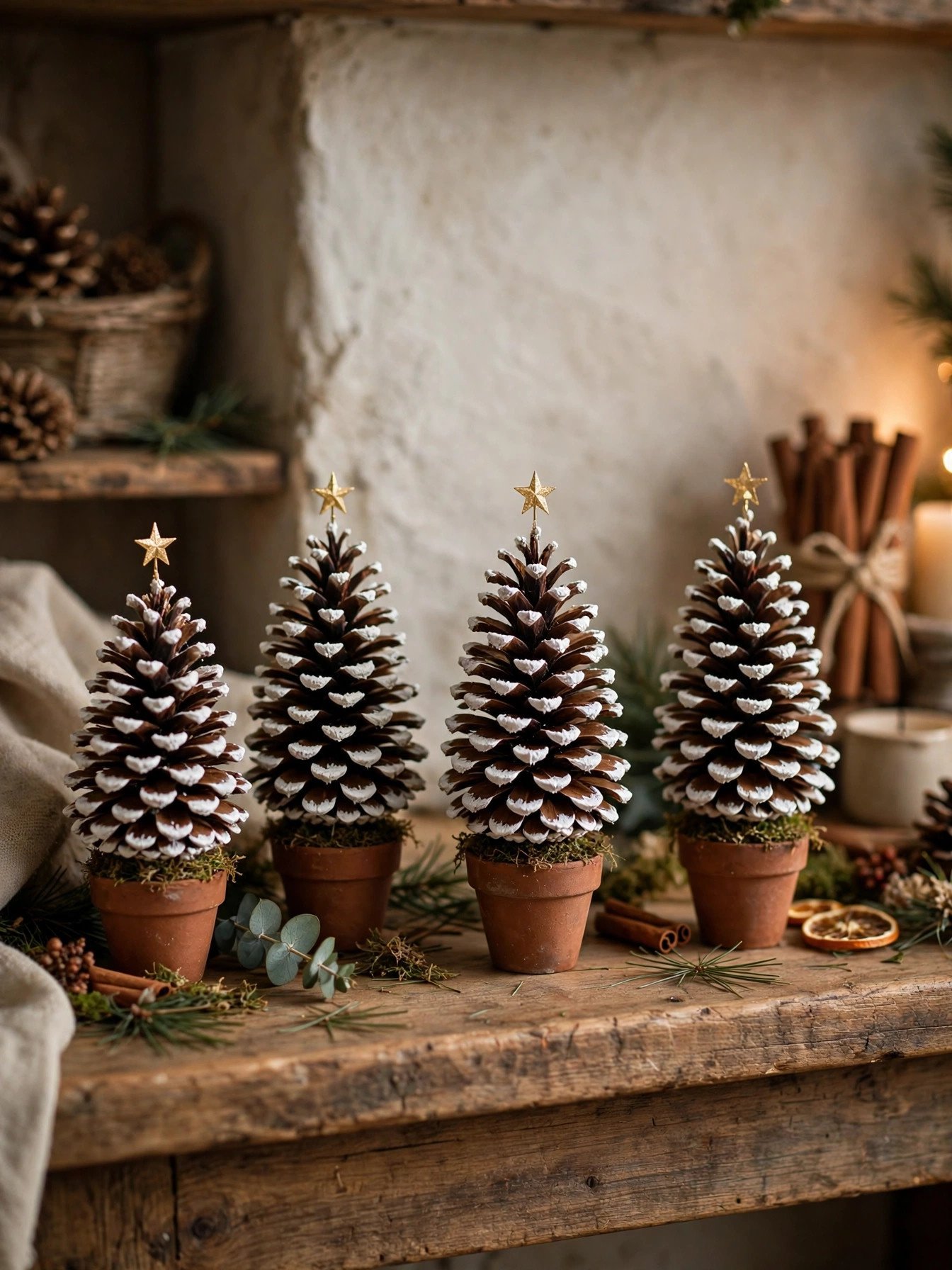 Pinecone mini Christmas trees with snow-dusted tips in small pots