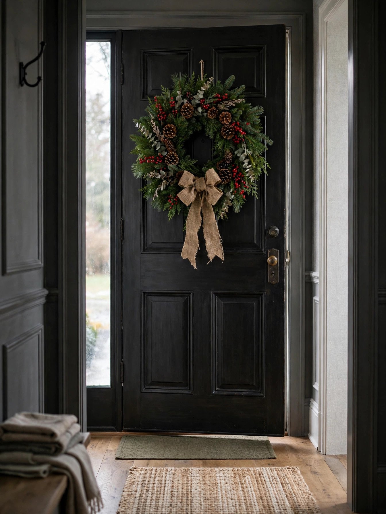 Handmade evergreen and red berry wreath with burlap bow on a front door