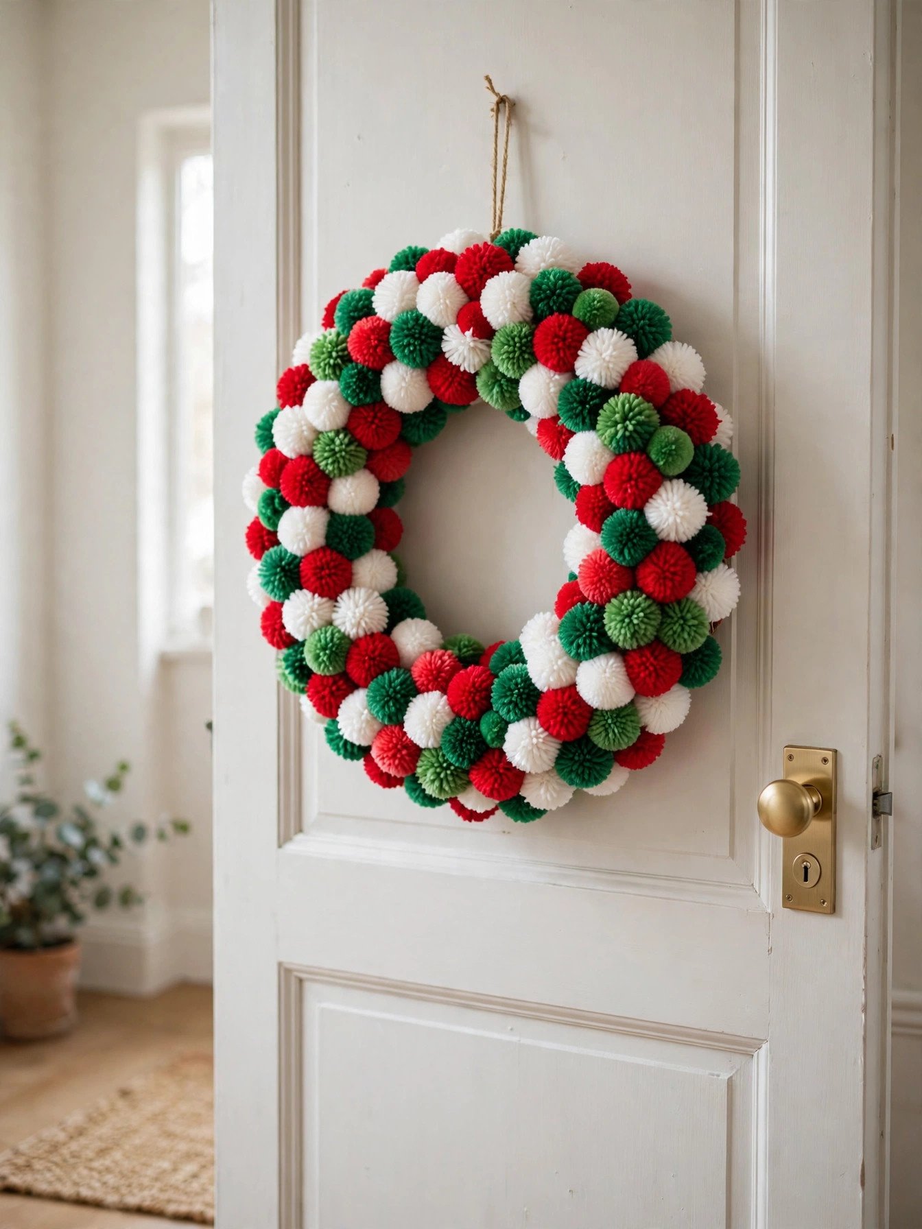 Colorful yarn pom-pom wreath in red white and green on an interior door