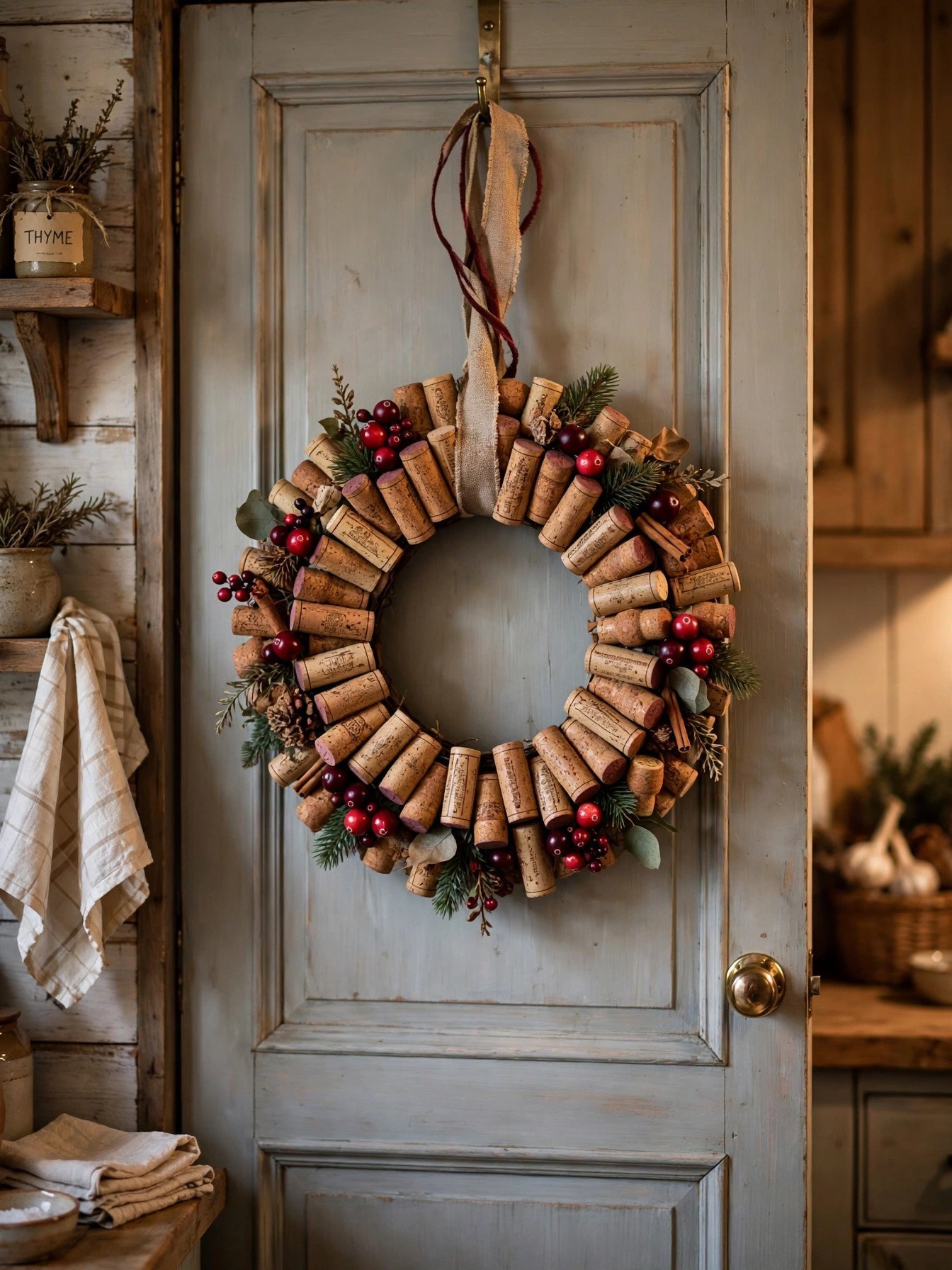 Rustic wine cork wreath with cranberries hanging on a kitchen door