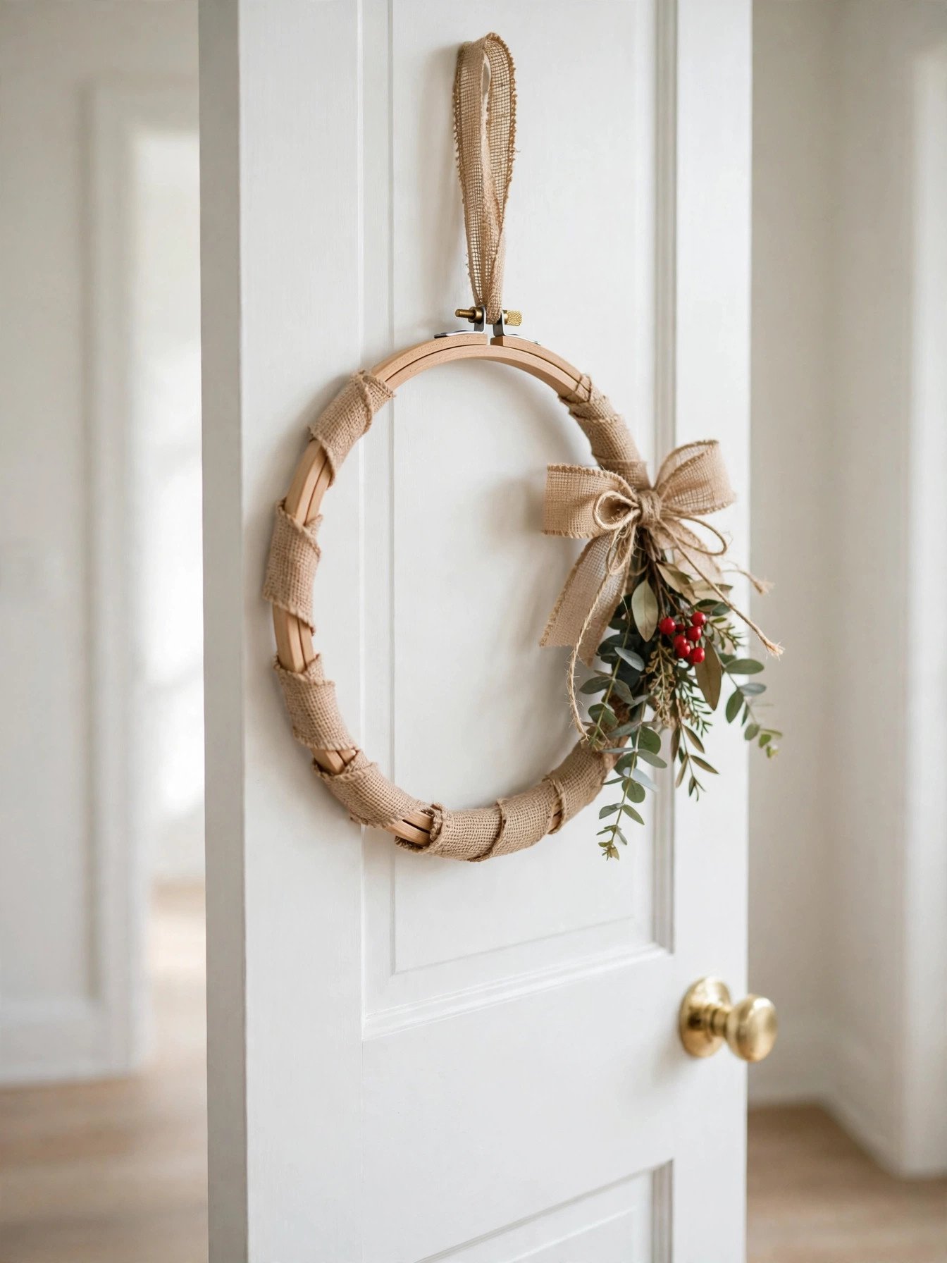 Embroidery hoop door hanger wrapped in burlap with greenery and berries