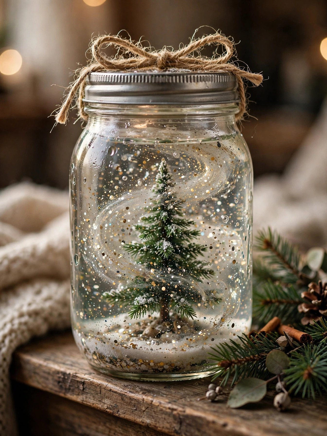 Homemade mason jar snow globe with miniature tree and swirling glitter
