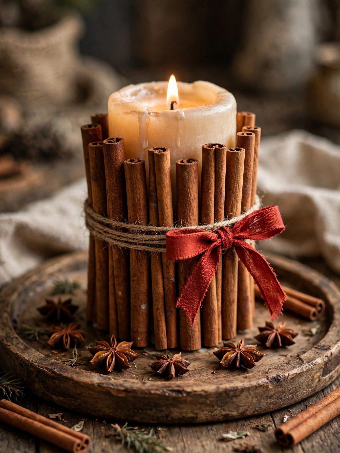 Pillar candle wrapped with cinnamon sticks tied with twine