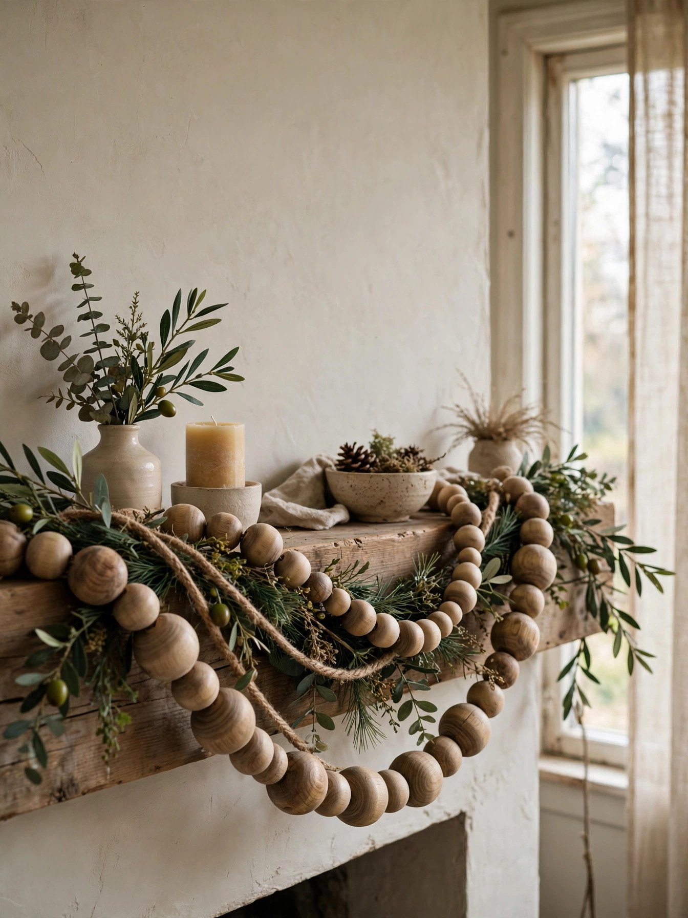 Wooden bead garland on jute twine draped across a mantel
