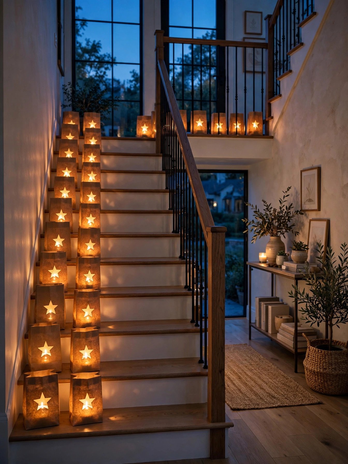 Brown paper bag luminaries with cut-out stars glowing on stairs
