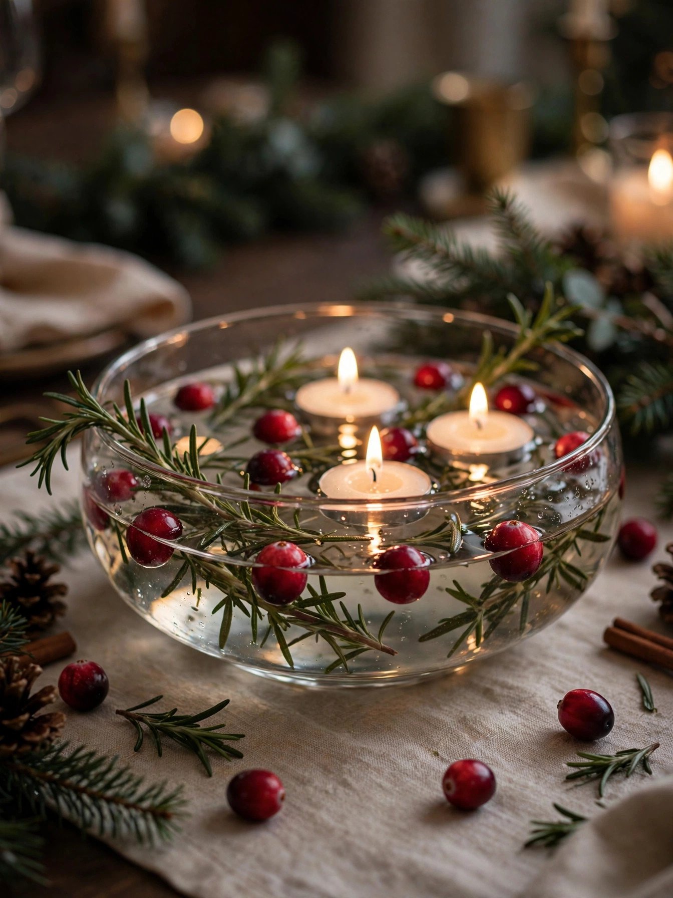 Floating cranberry and rosemary centerpiece with candles in a glass bowl