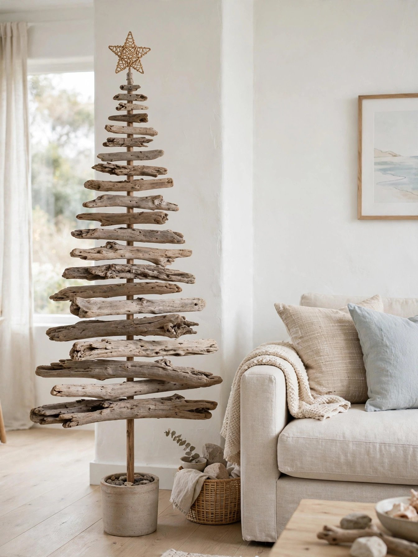 Driftwood Christmas tree in graduated lengths with star topper