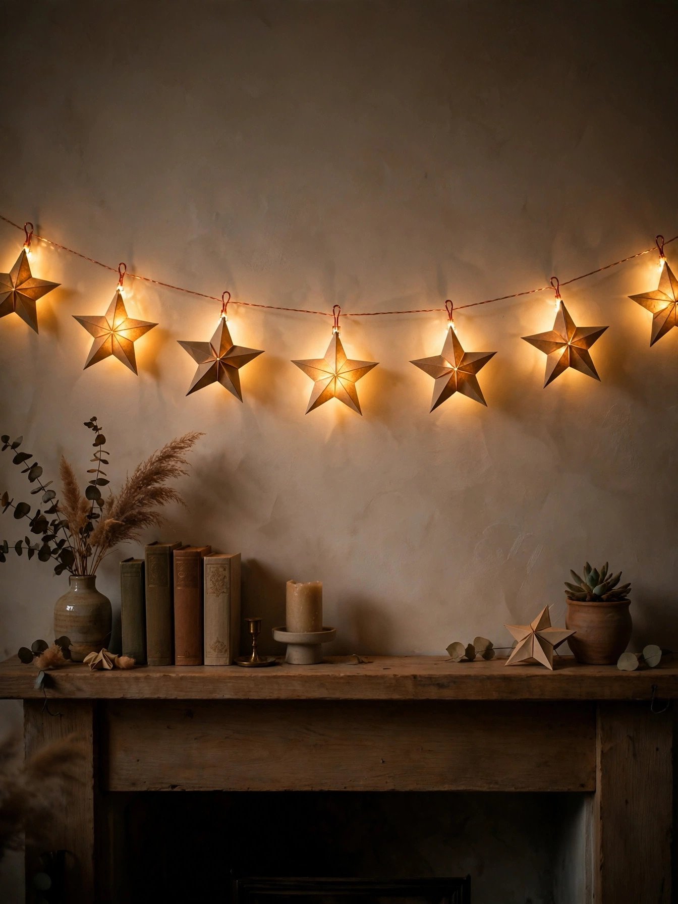 Paper star string lights glowing along a living room wall