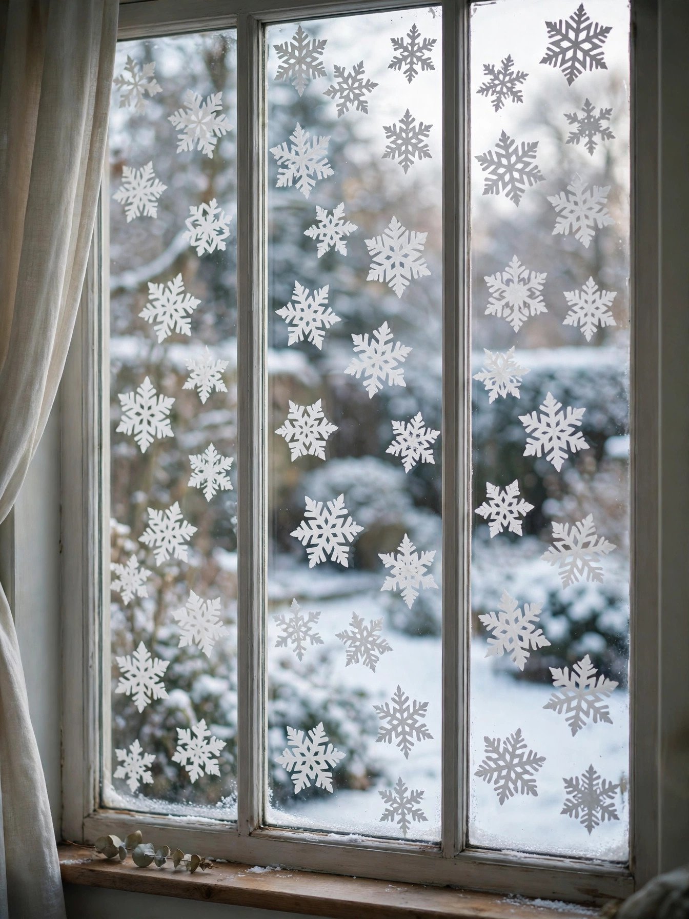 White paper snowflakes pressed onto a window glass