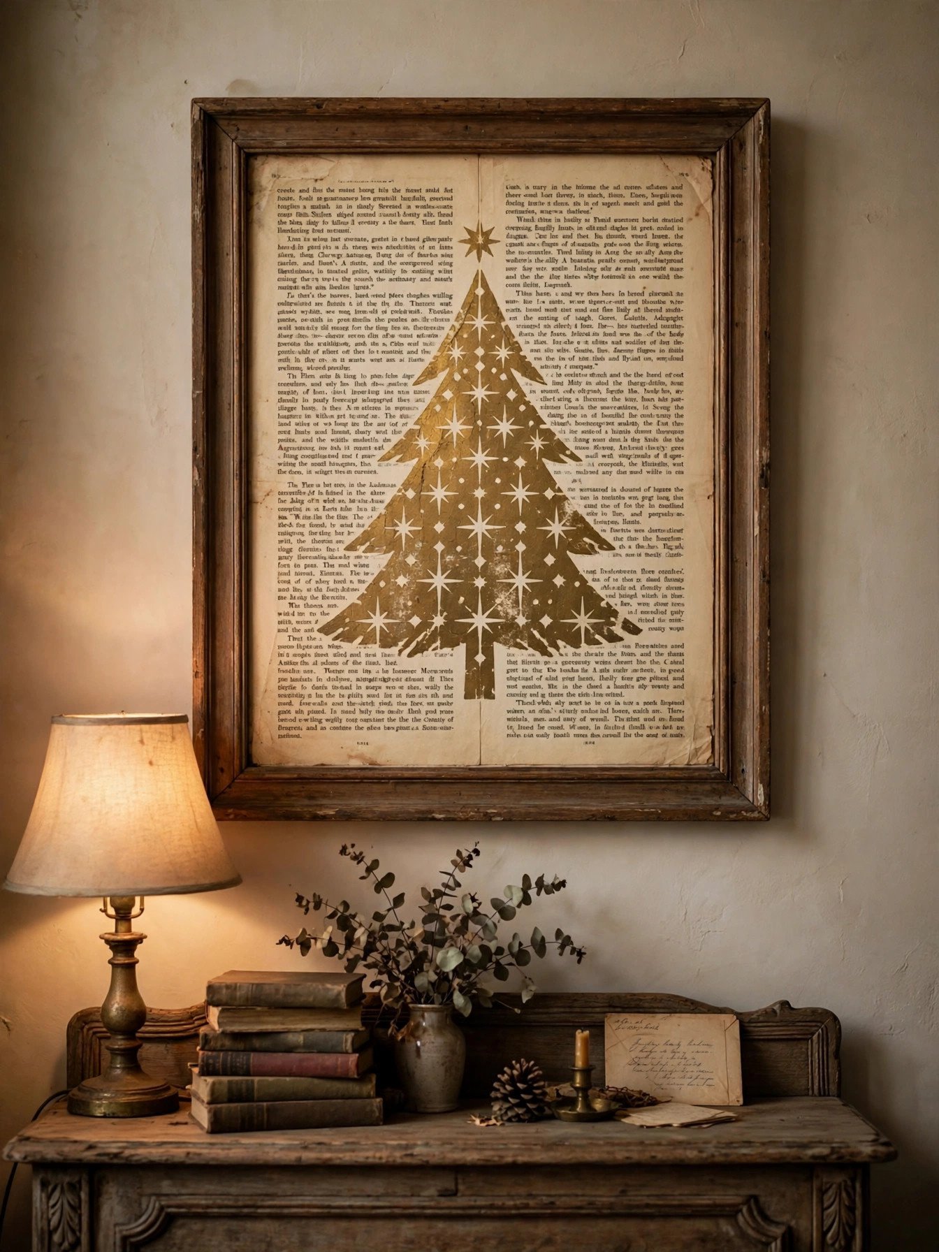 Framed holiday art from an old book page with gold stenciled tree