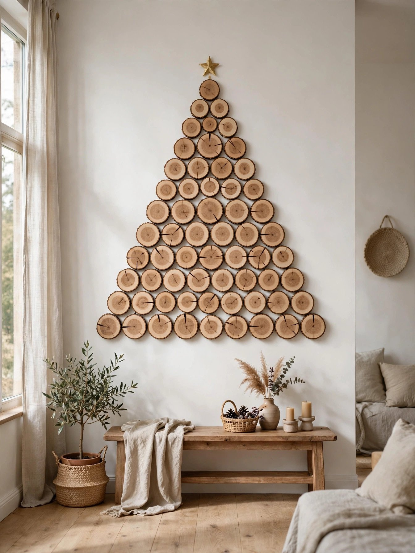 Wood-slice Christmas tree arranged on a white wall