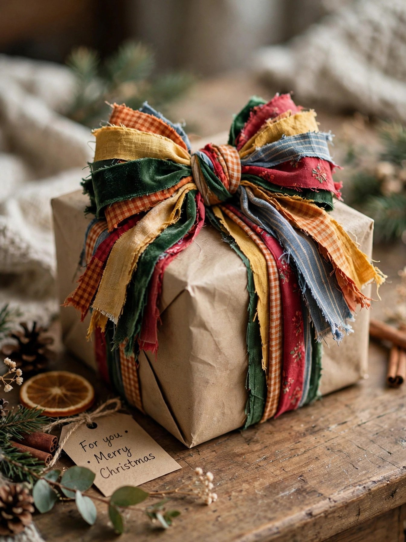 Gift wrapped in kraft paper with fabric scrap bow topper