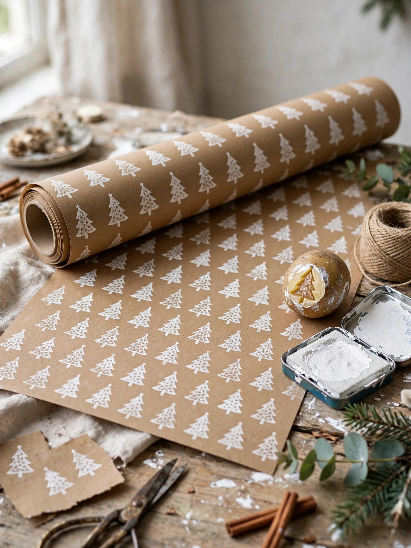 Hand-stamped kraft wrapping paper with potato stamp and paint
