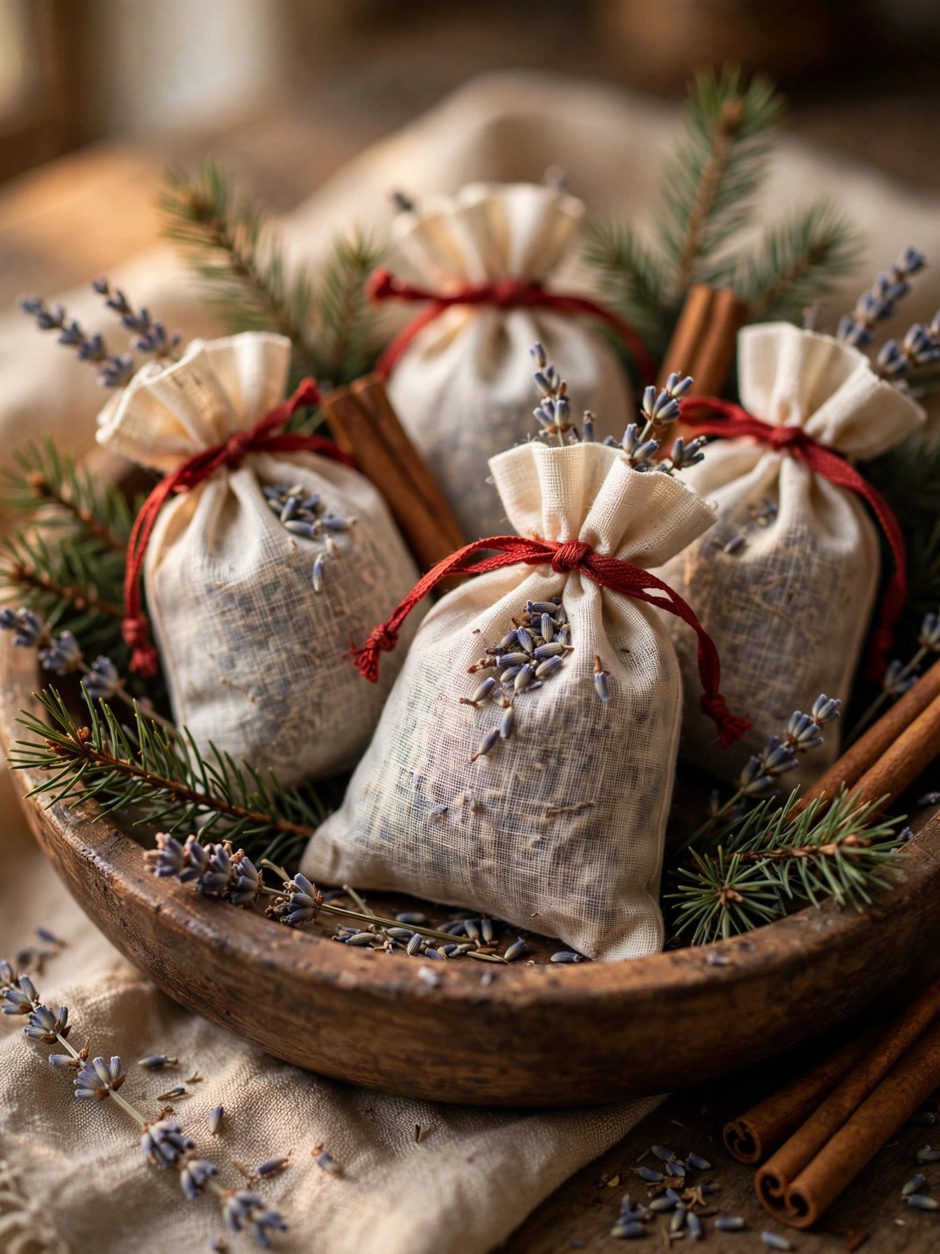 Muslin sachet bags with lavender and cinnamon sticks in a wooden bowl