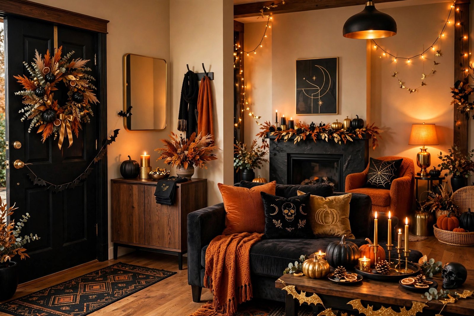 Entryway and living room decorated with black, burnt orange, and gold Halloween party decor under warm amber light