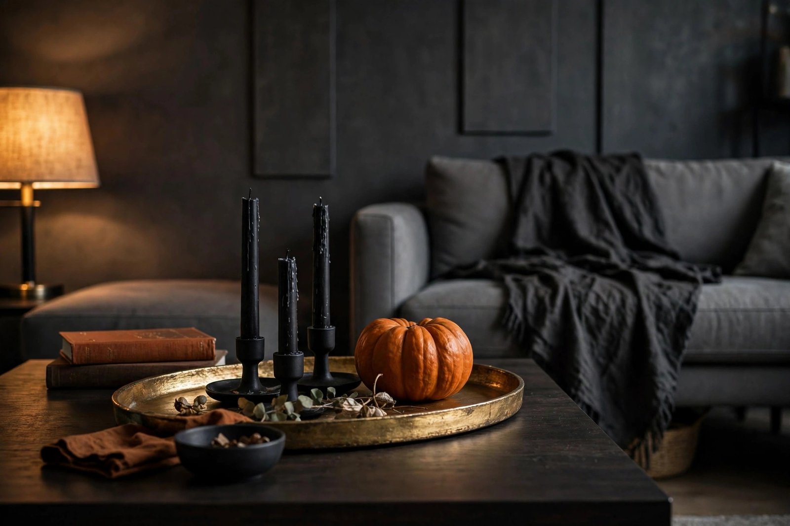 Coffee table styled with black candles, burnt orange pumpkin, and gold tray in a three-color Halloween palette