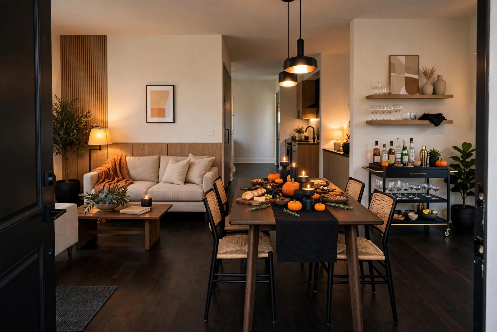 Open-plan room arranged with clear pathway between seating, food table, and drinks cart for a Halloween party