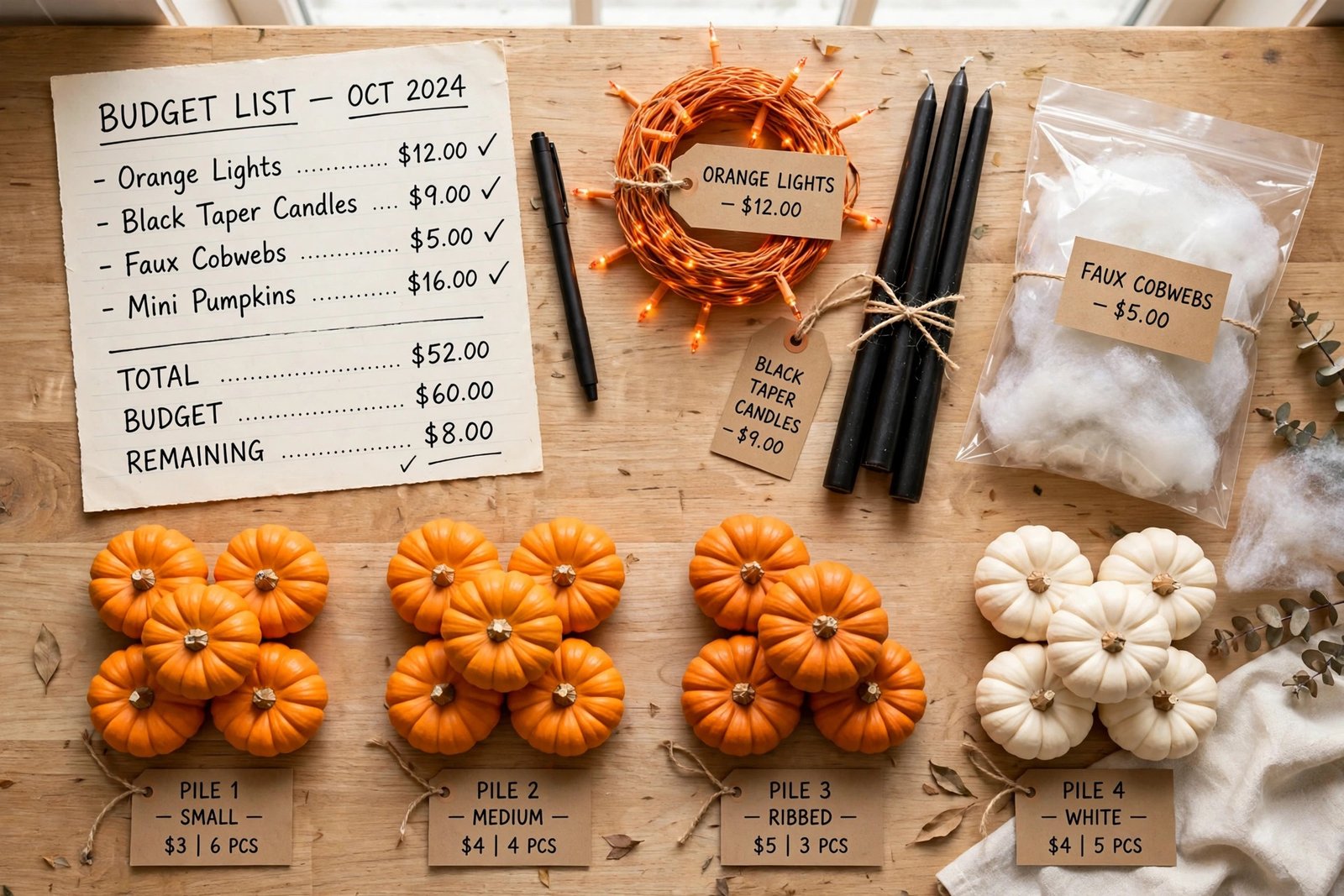 Flat lay of Halloween party decor sorted into four piles by room budget