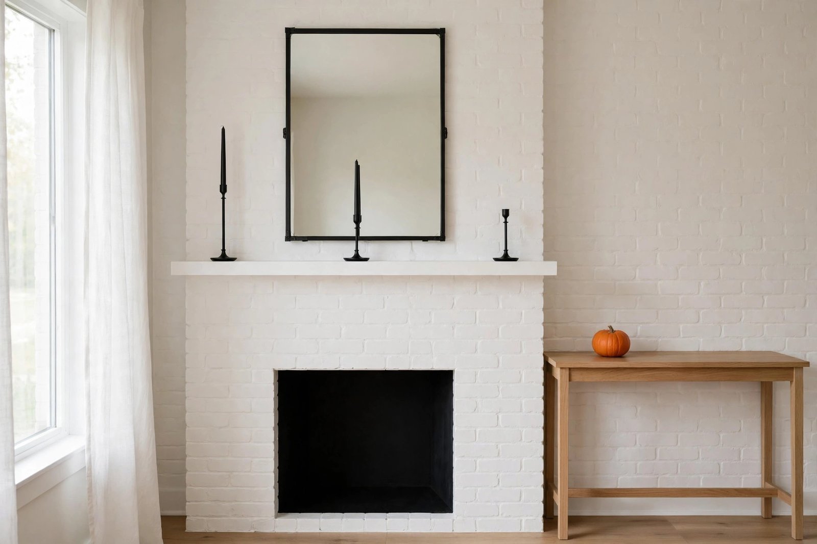 Cleared mantel with three candlesticks and one pumpkin spaced evenly with empty surface between