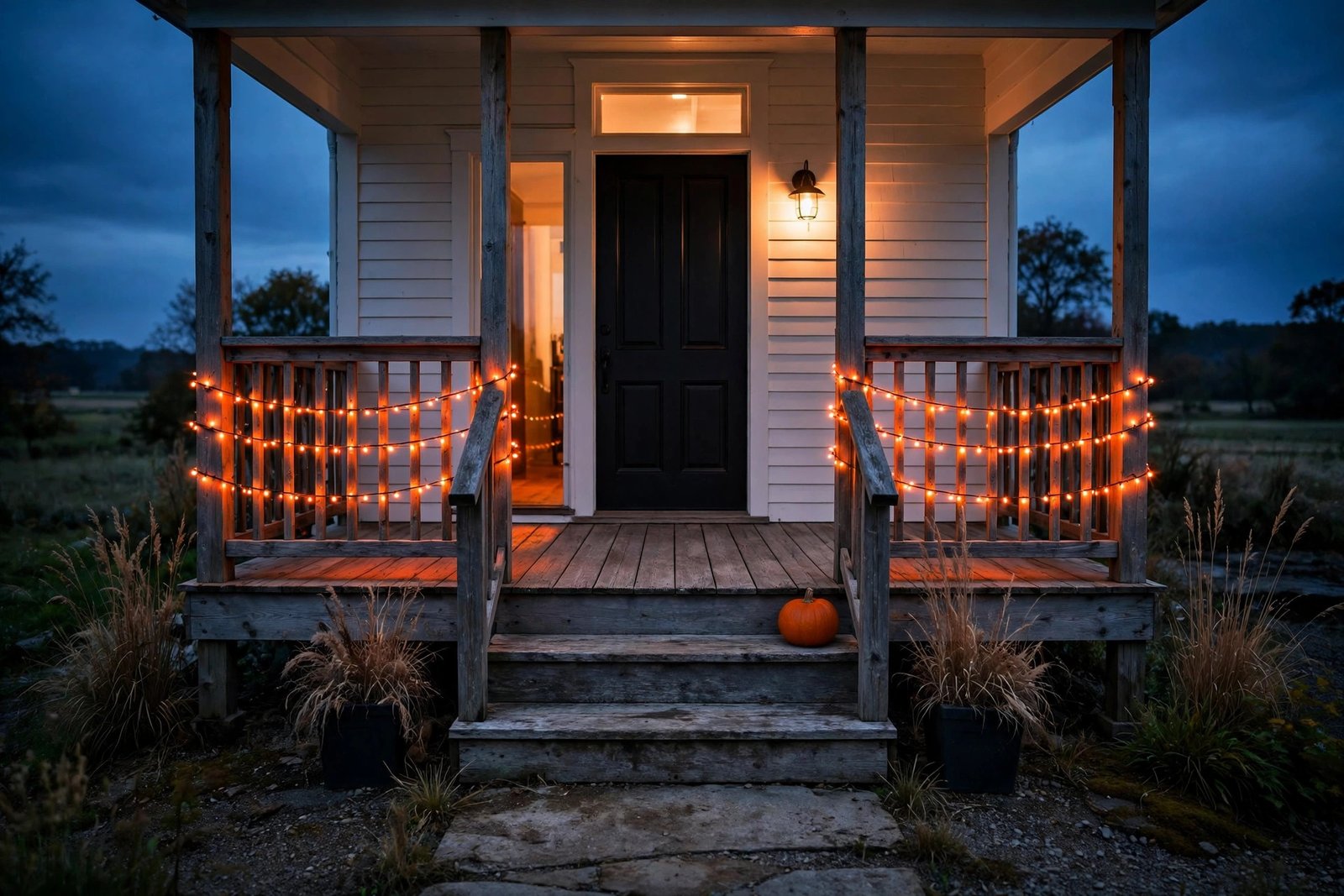 Front porch railing wrapped in warm orange string lights at dusk with pumpkins on the steps