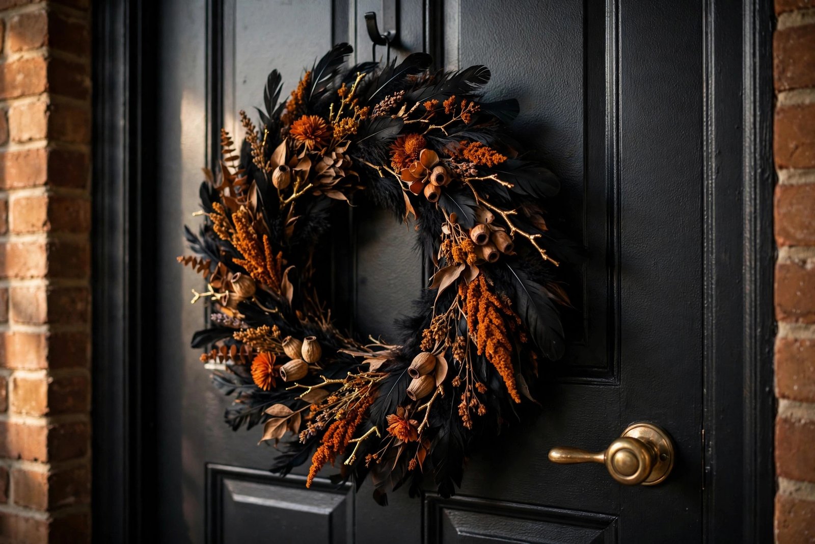 Black feather and dried floral wreath hung at chest height on a black front door