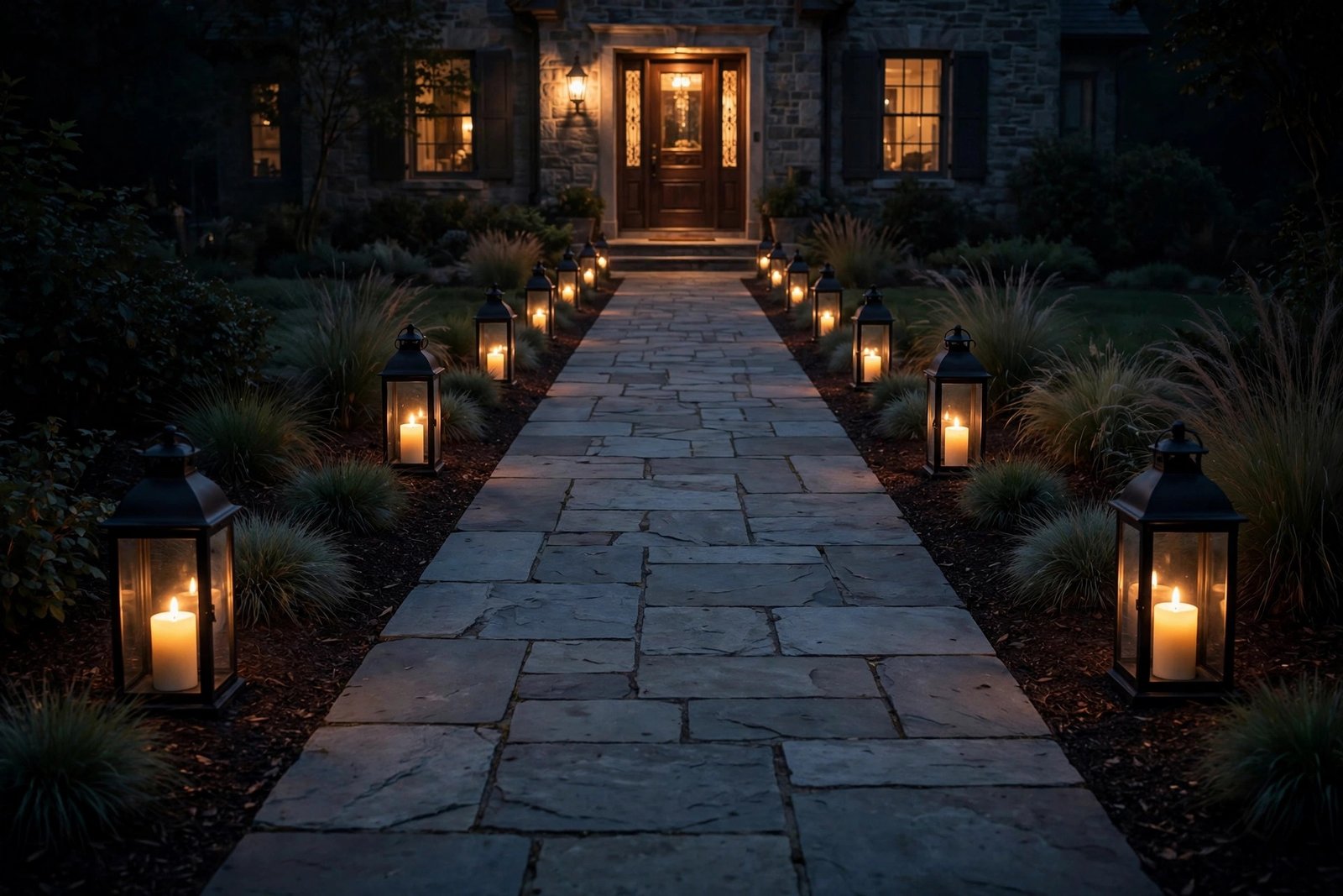 Stone walkway lined with flameless candle lanterns leading to a lit front door at night