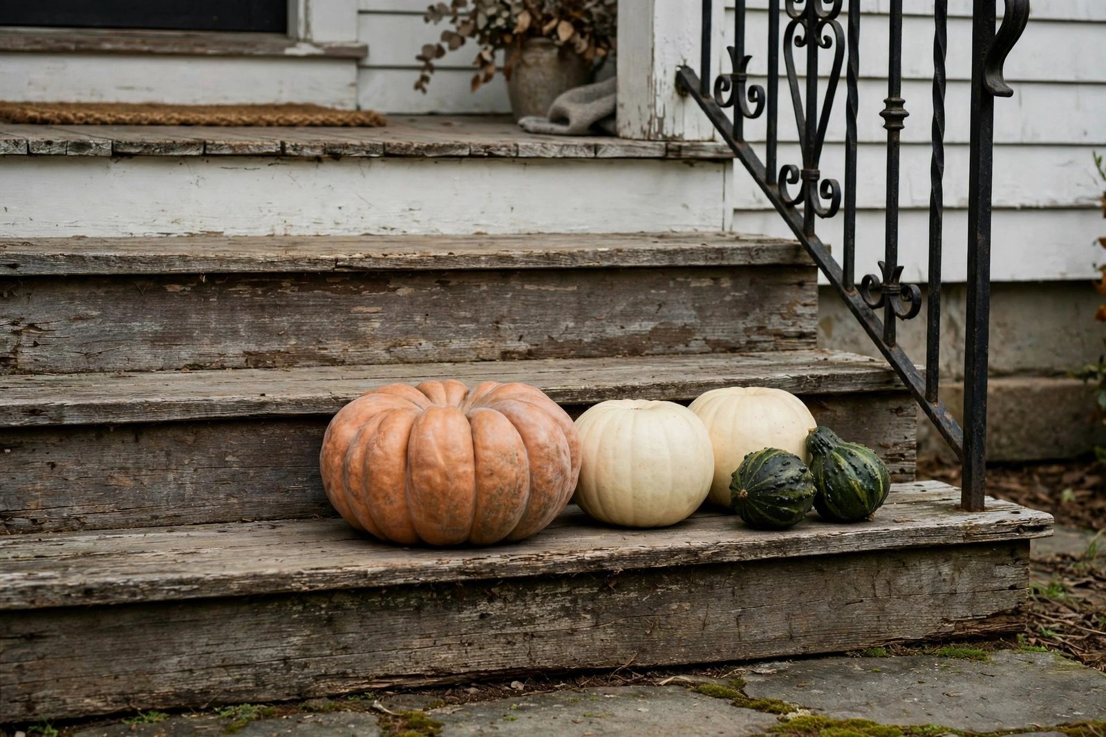 Five pumpkins of varied sizes grouped on porch steps in dusty orange, cream, and green