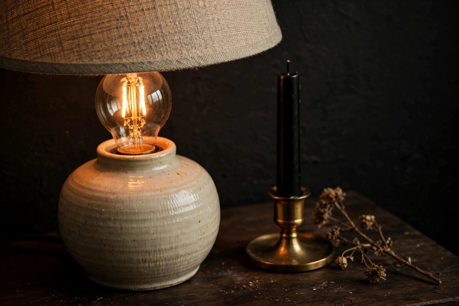 Table lamp with amber bulb glowing beside a black taper candle on a dark side table