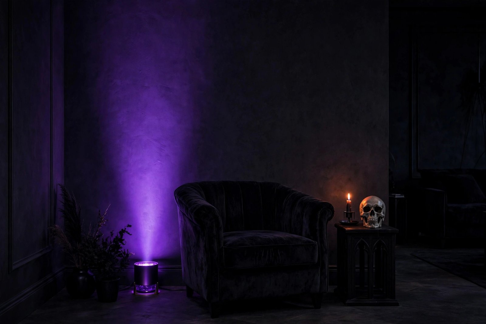 Floor uplight with purple gel sleeve washing a charcoal wall behind a black armchair