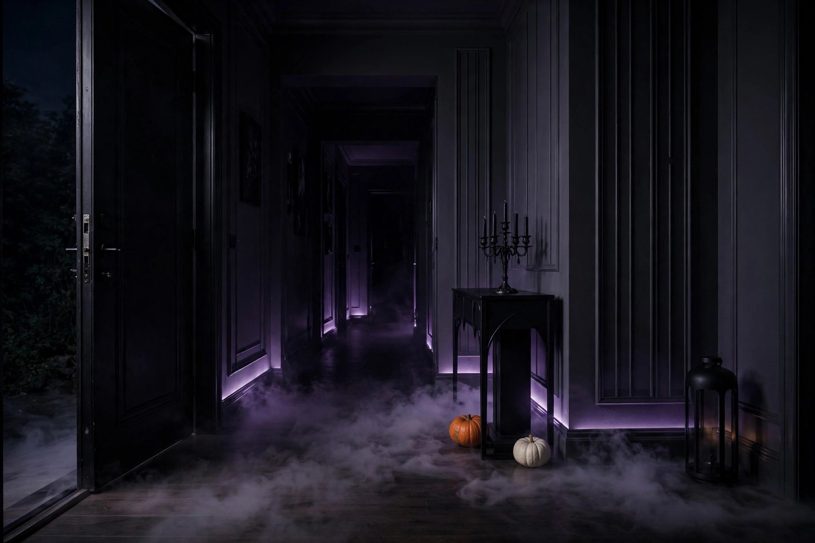 Low fog covering a dark hallway floor around a console table with a candelabra