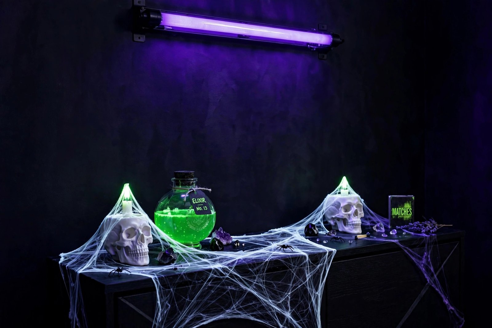 Black light tube glowing above a console table with fluorescent cobwebs and potion jar