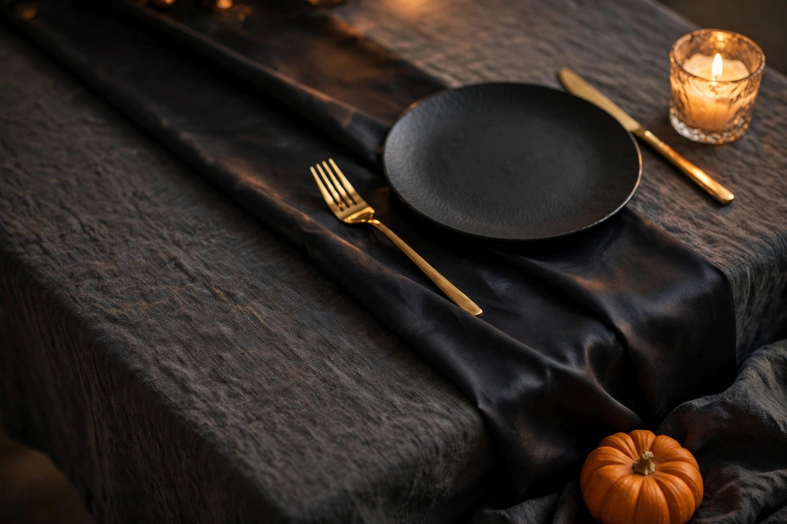 Black satin runner layered over charcoal linen on a dining table with gold flatware