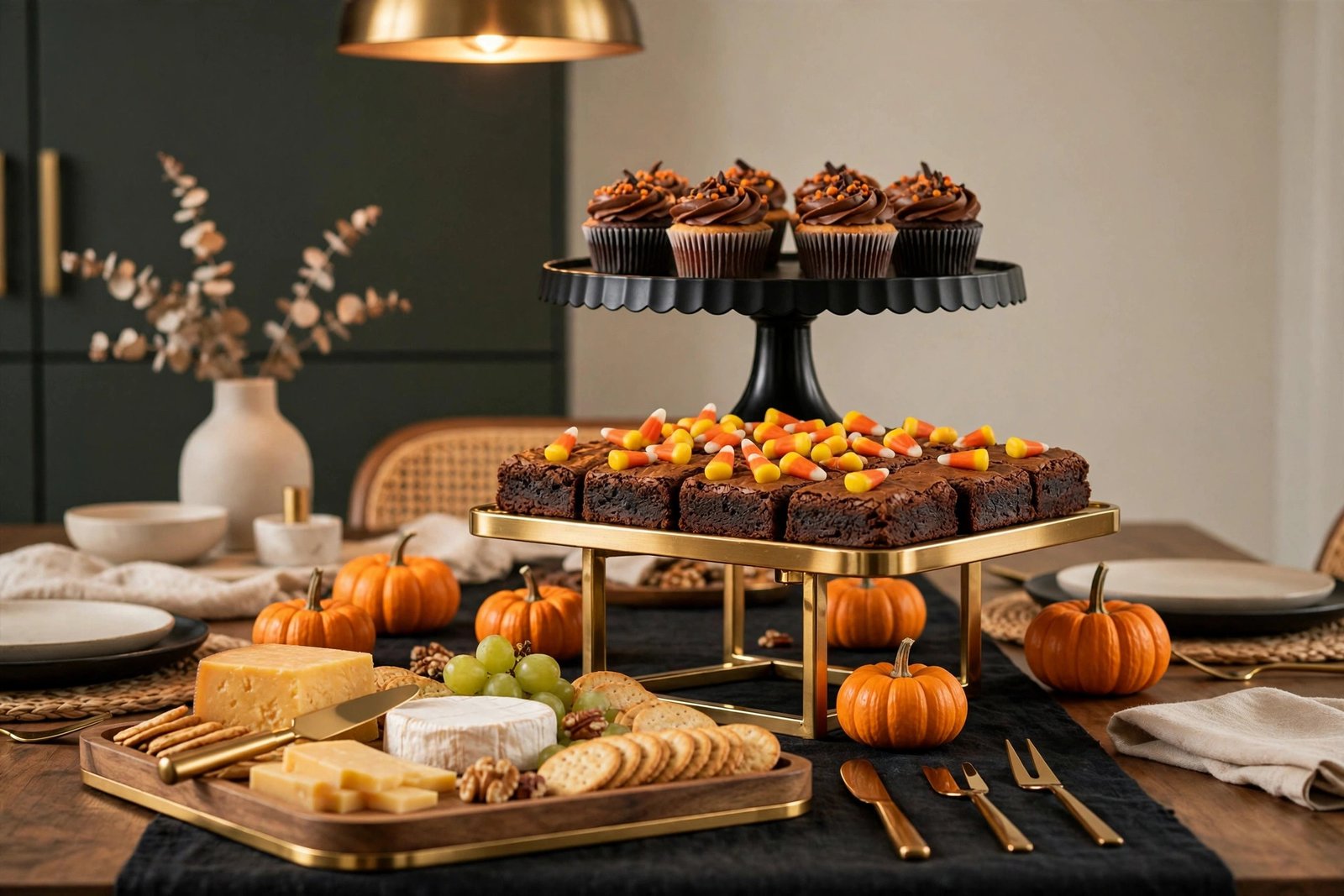Halloween food table with cake stands and risers creating three levels of height