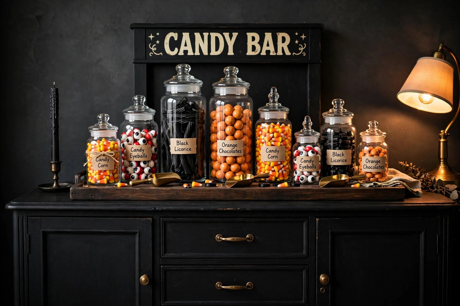 Glass apothecary jars filled with Halloween candy on a black sideboard with brass scoops