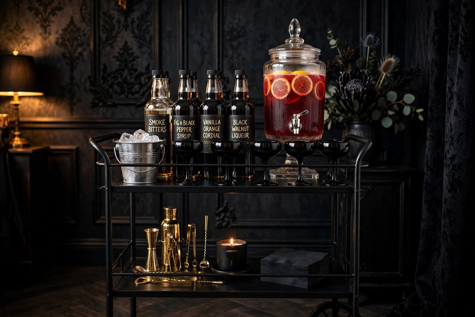 Bar cart with labeled bottles, red punch dispenser, and black glasses for a Halloween party