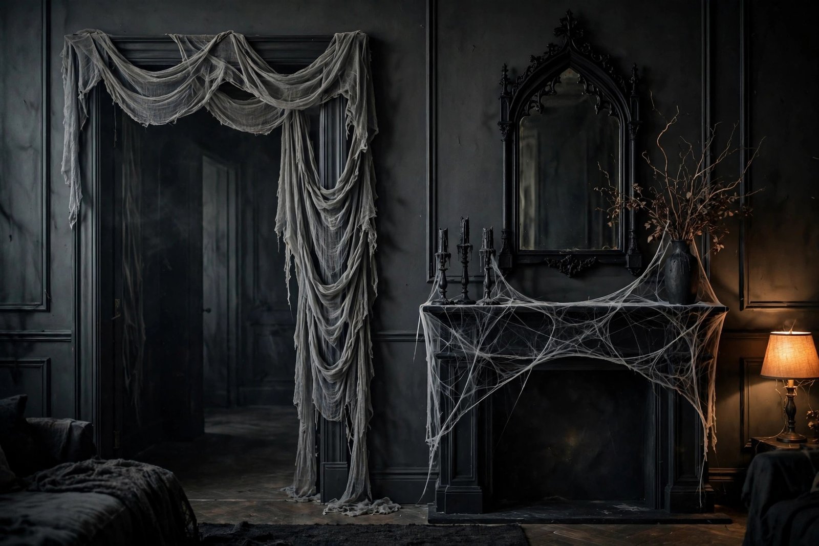 Doorway draped in gray cheesecloth with cobwebs over a black mantel and gothic mirror