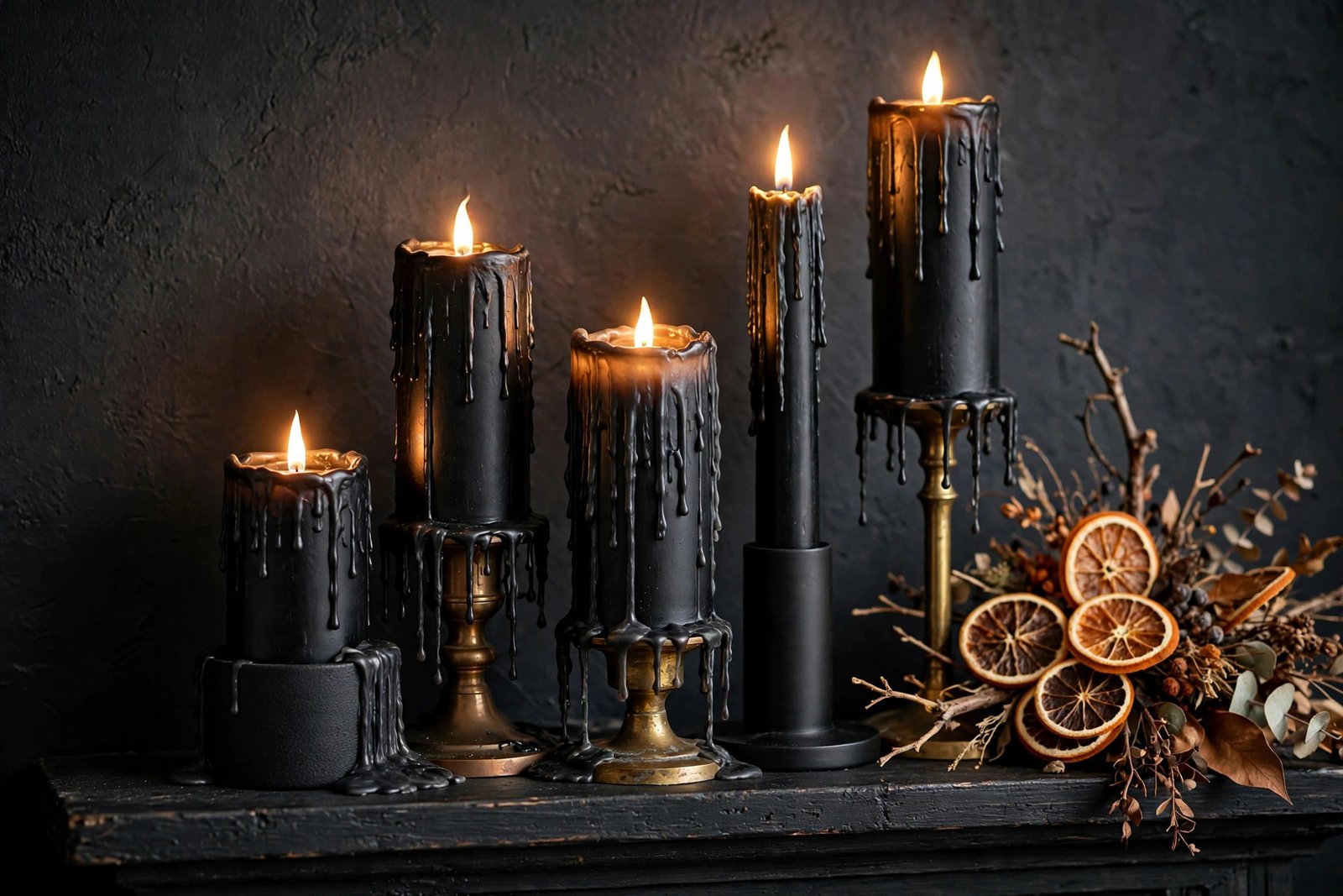 Five flameless candles of varied heights clustered on a black mantel
