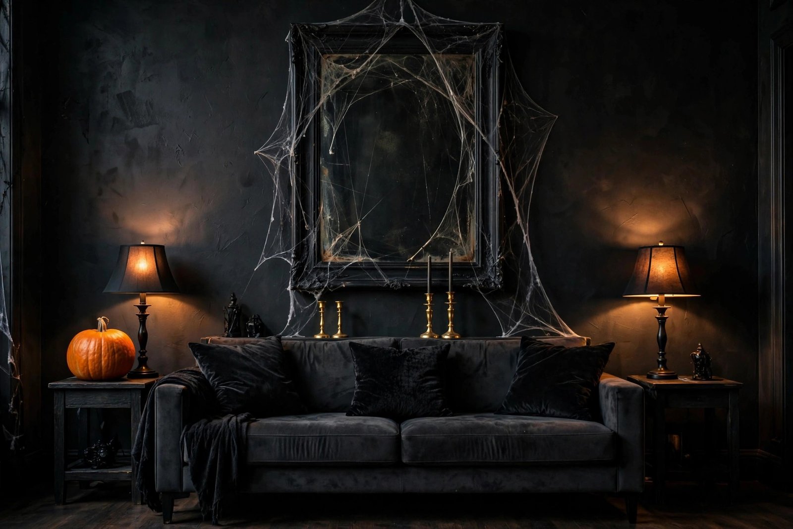 Large black mirror draped in cobwebs hung above a charcoal sofa as a Halloween focal point